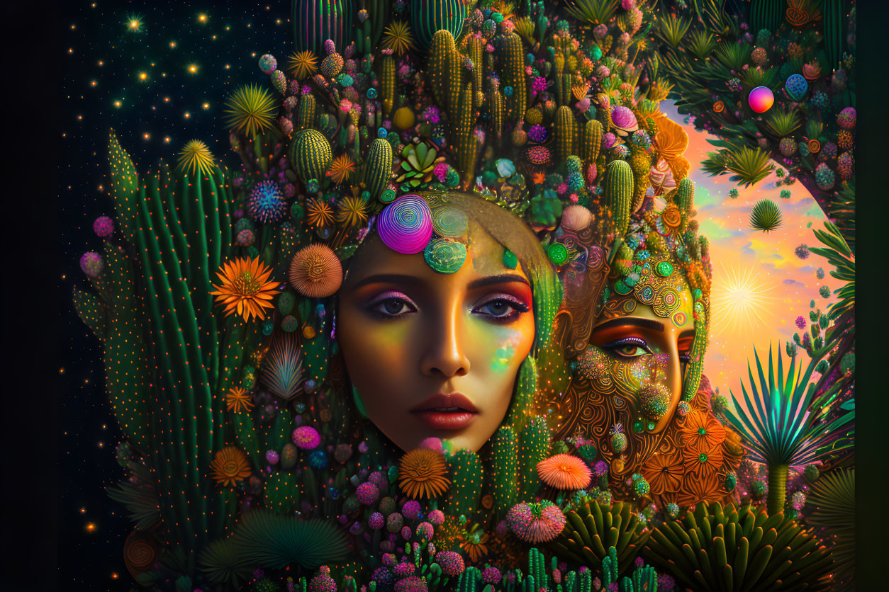 Vibrant digital artwork blends woman's face with botanical elements on starry night sky background