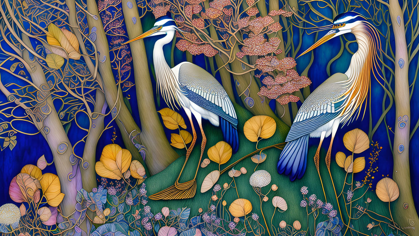 Stylized image of two herons in vibrant botanical setting