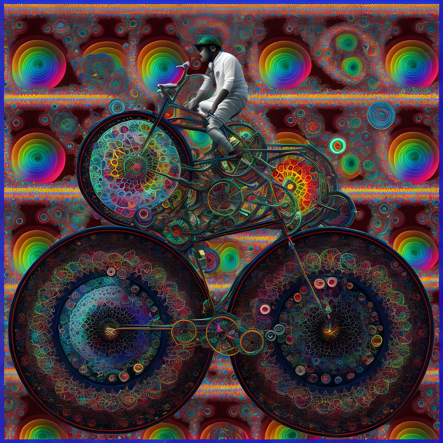 Colorful Fractal Gear Bike Rider in Helmet and Sunglasses