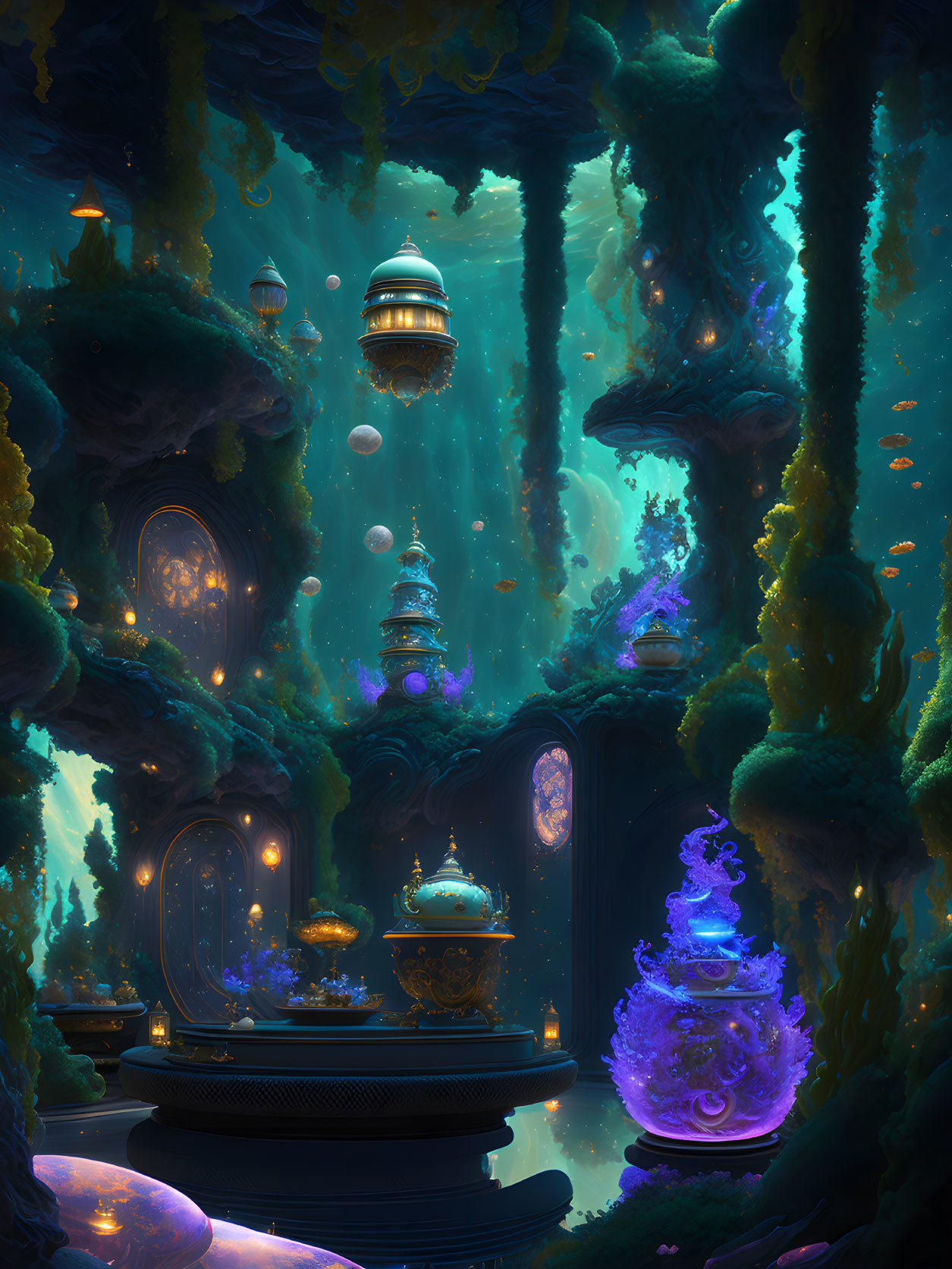 Glowing underwater cityscape with alien flora in deep blue ambiance