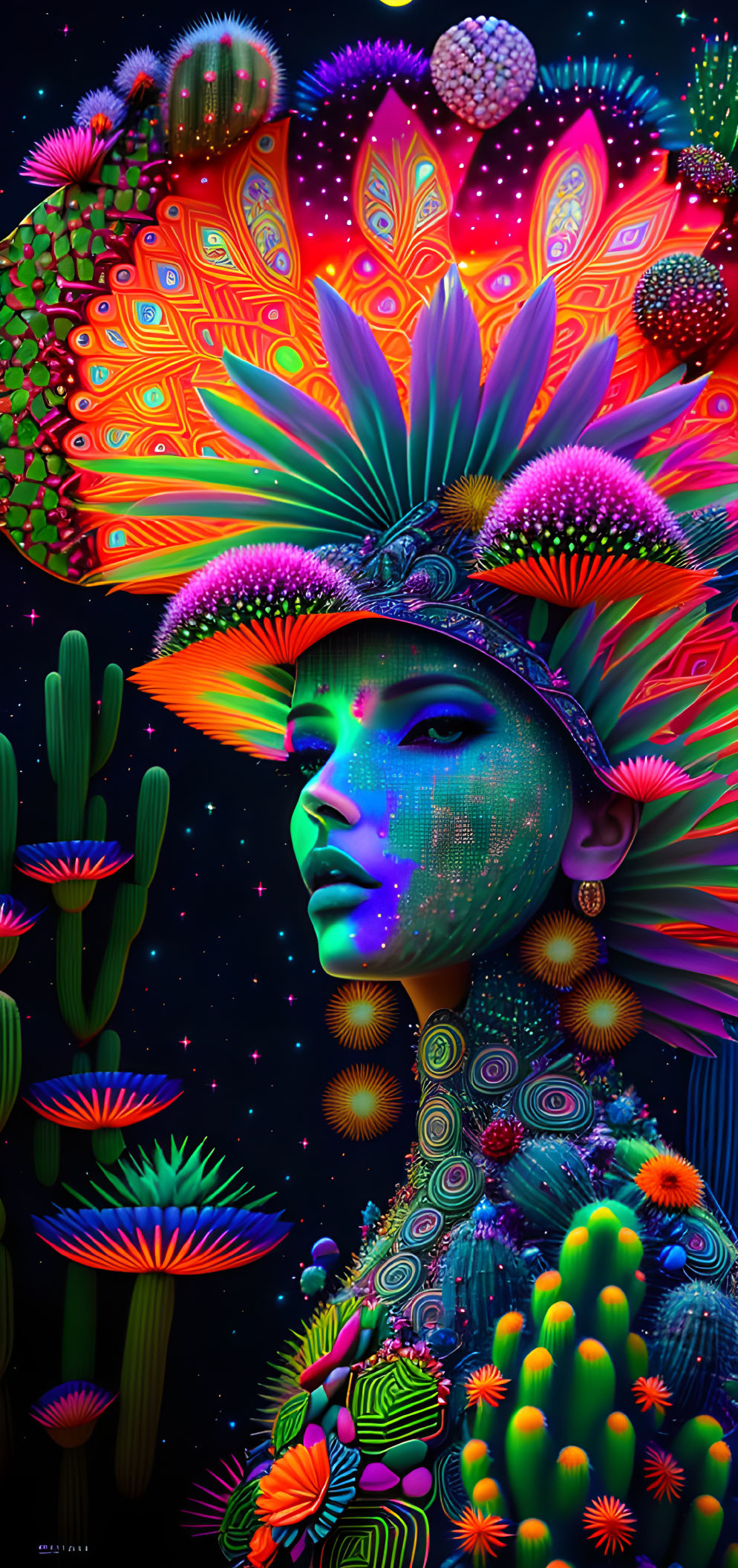 Colorful digital artwork: Woman with psychedelic patterns, cacti, celestial motifs