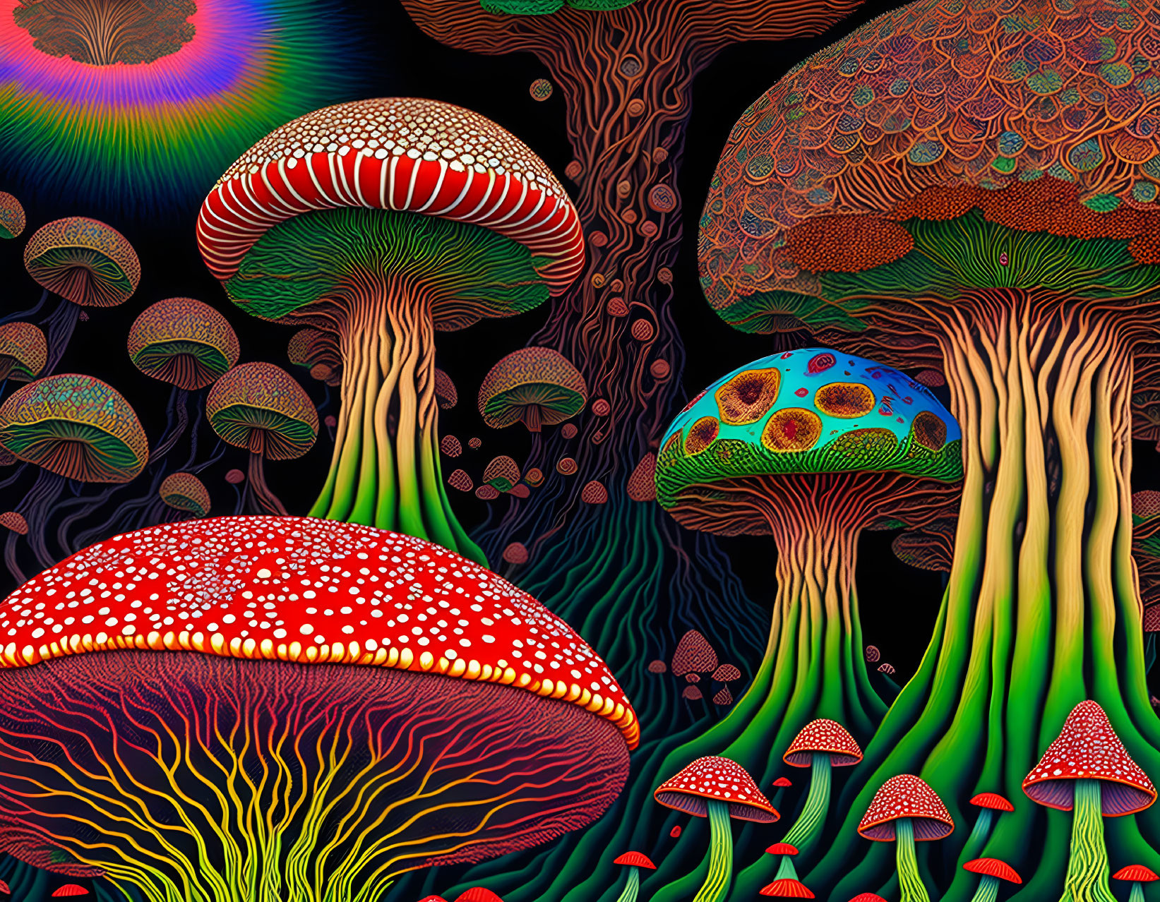 Colorful Psychedelic Mushroom Forest Illustration