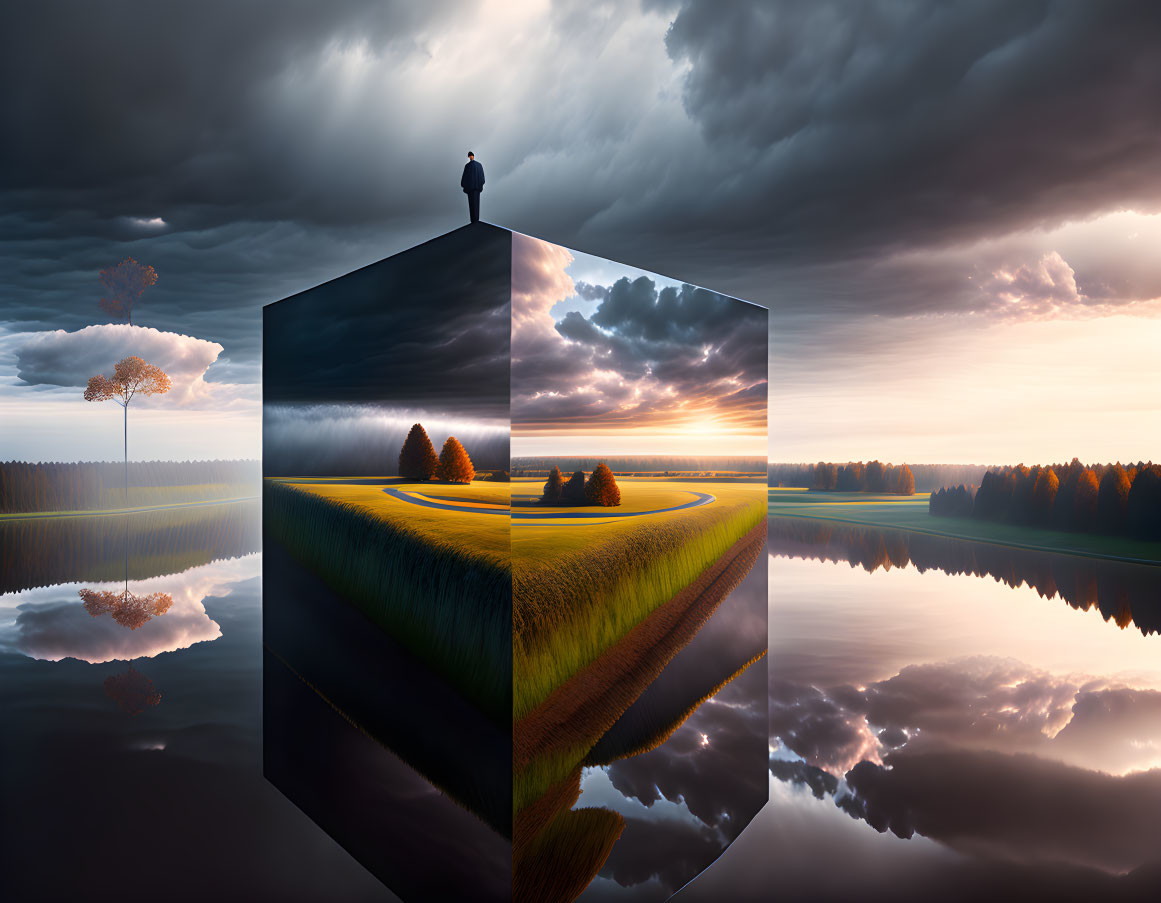 Surreal cubic structure with landscape scenes and person under dramatic sky