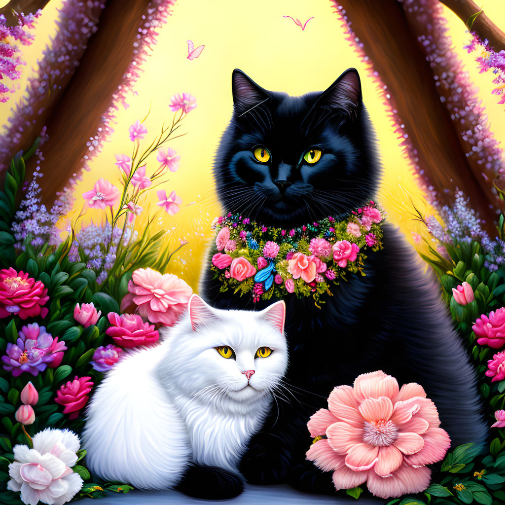 Two cats with floral collar among colorful flowers and butterflies.