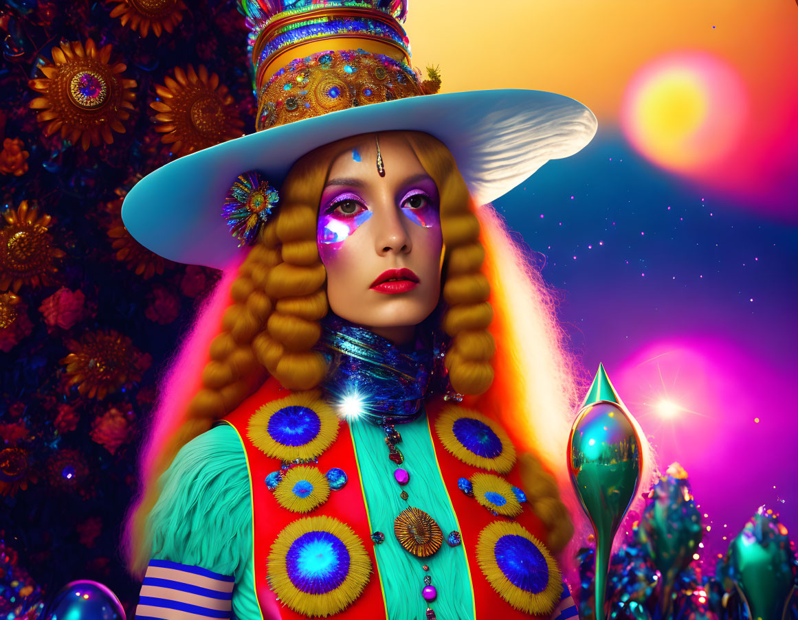 Colorful portrait of a person in whimsical makeup and costume with large hat on psychedelic floral background