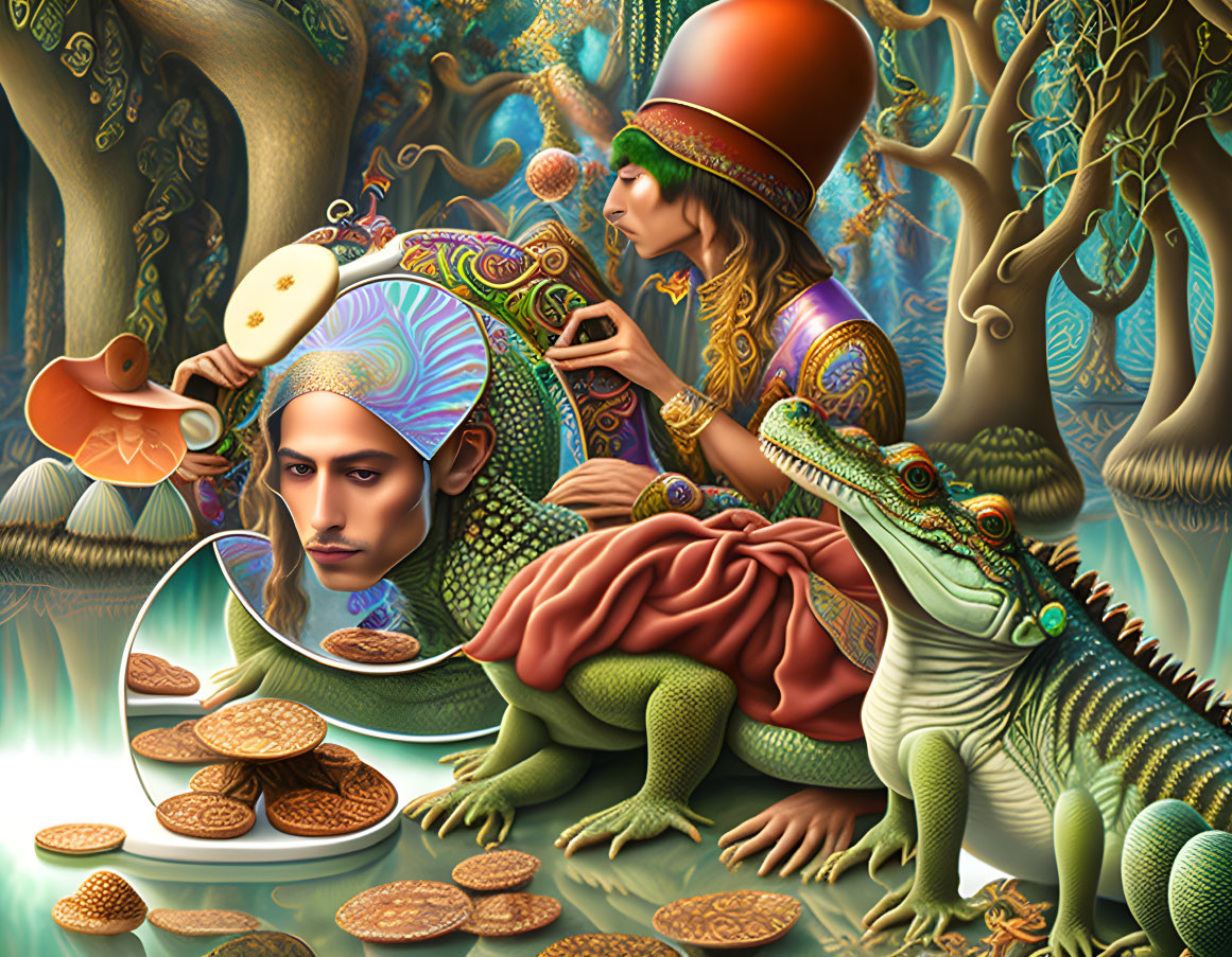 Colorful surreal scene: human-like figures, circular object, cookies, and green iguana