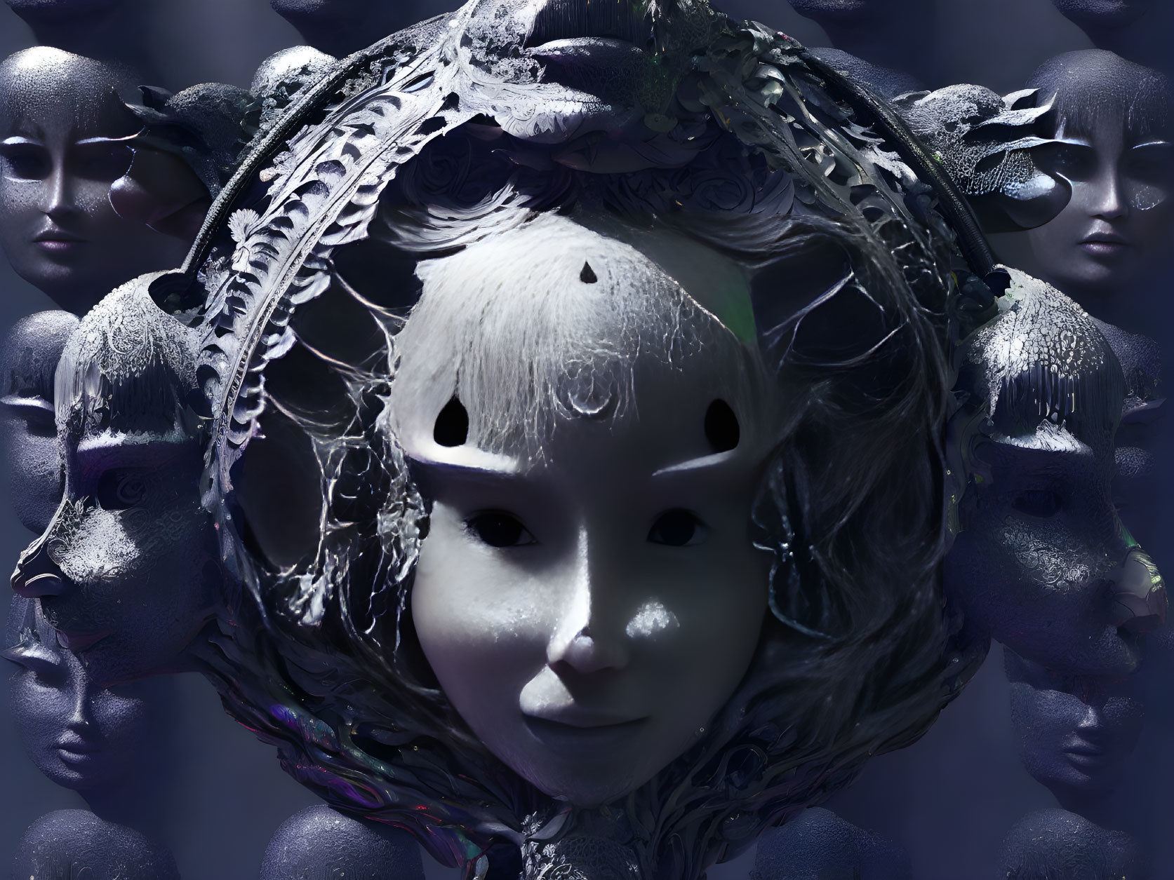 Surreal image with central serene face and dark mask-like faces in intricate web halo