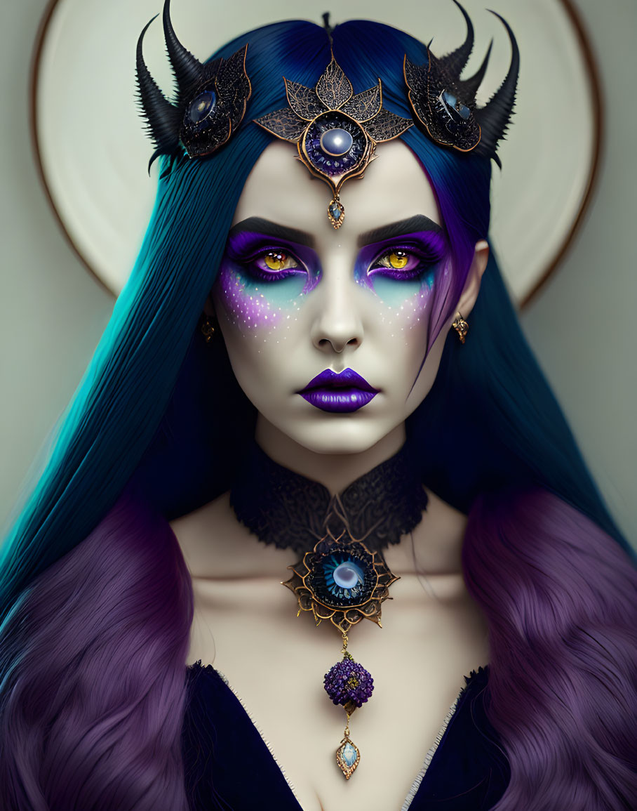 Fantasy character portrait with blue and purple hair, horns, mystical makeup, and eye motif jewelry