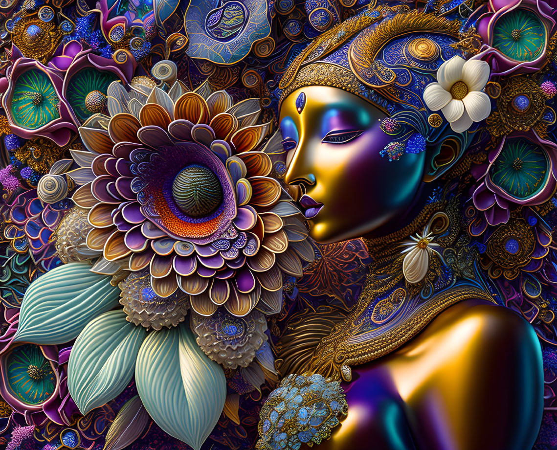 Vibrant digital artwork: Stylized woman with blue skin and ornate jewelry in intricate floral