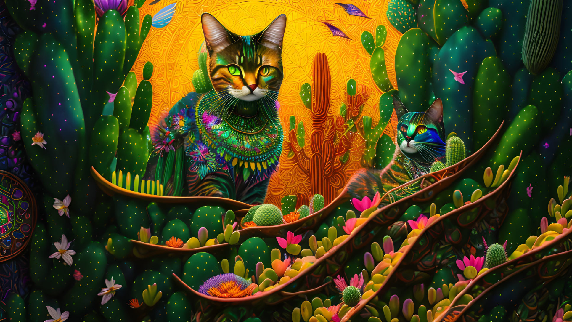 Colorful Digital Artwork: Two Cats with Elaborate Patterns in Psychedelic Forest