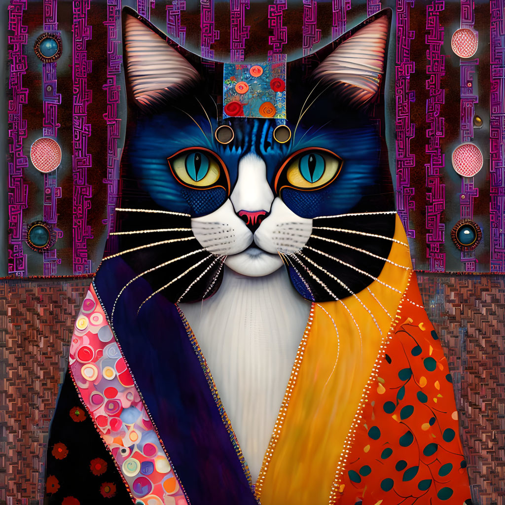 Regal cat illustration with vibrant colors and intricate patterns