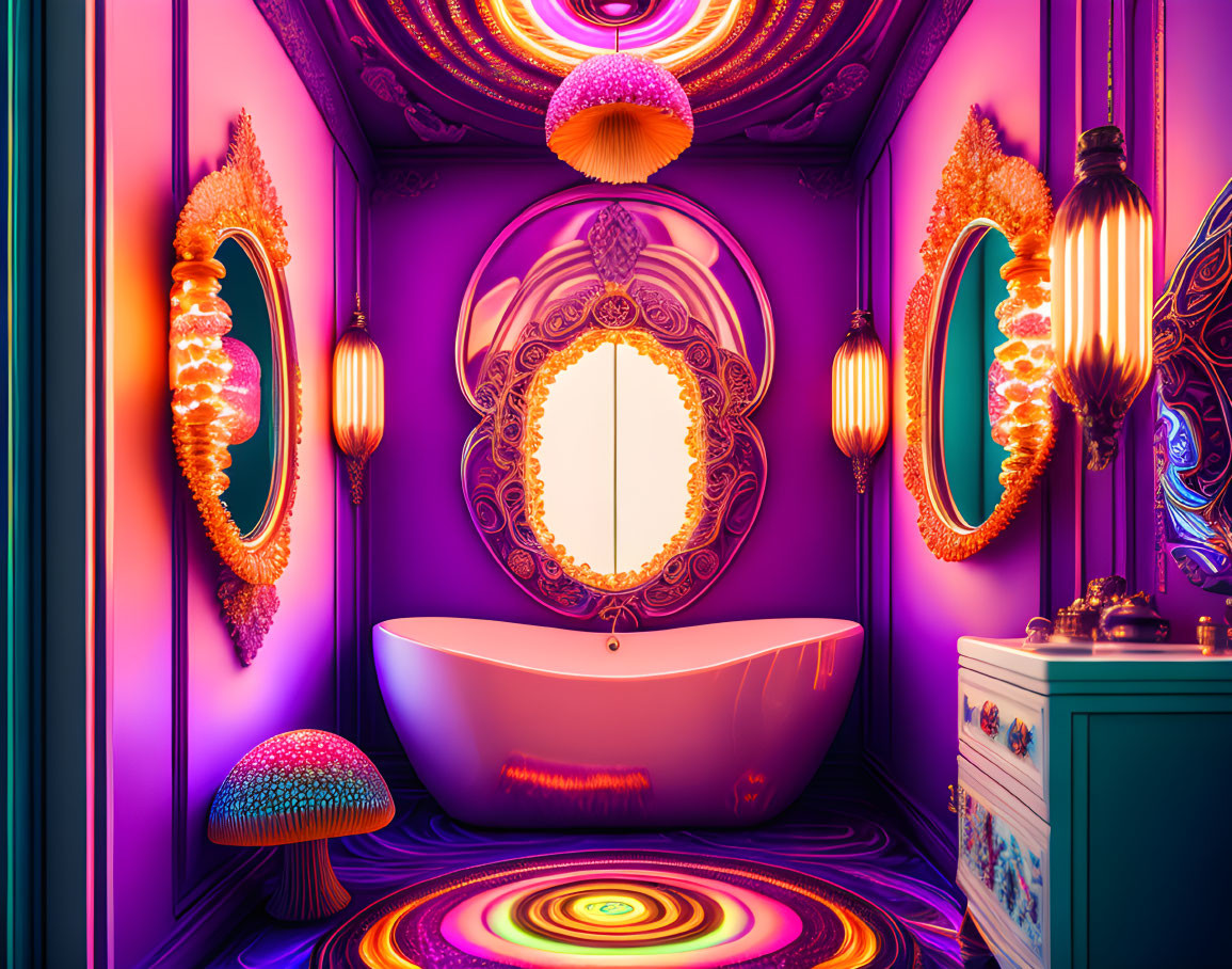 Colorful bathroom with ornate mirrors, modern bathtub, and mushroom-shaped lamps