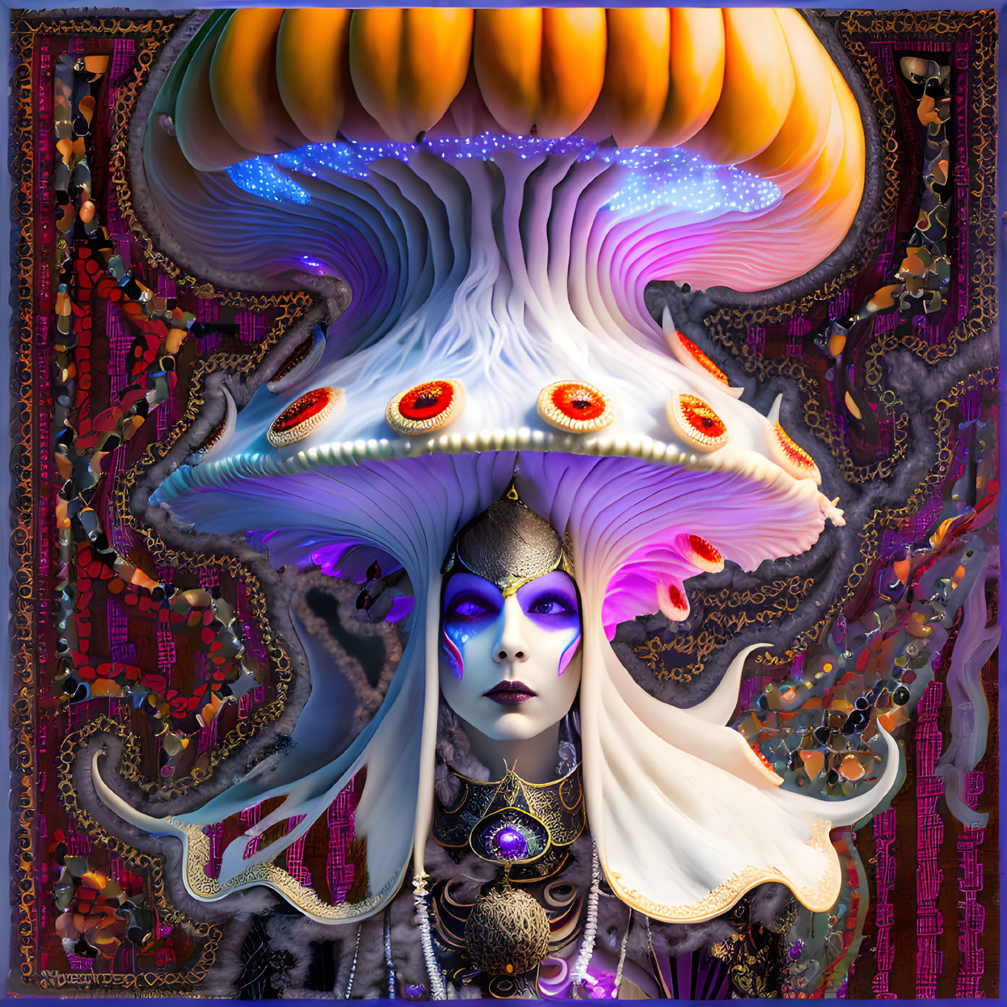 Stylized woman with purple makeup under ornate mushroom cap in intricate psychedelic setting