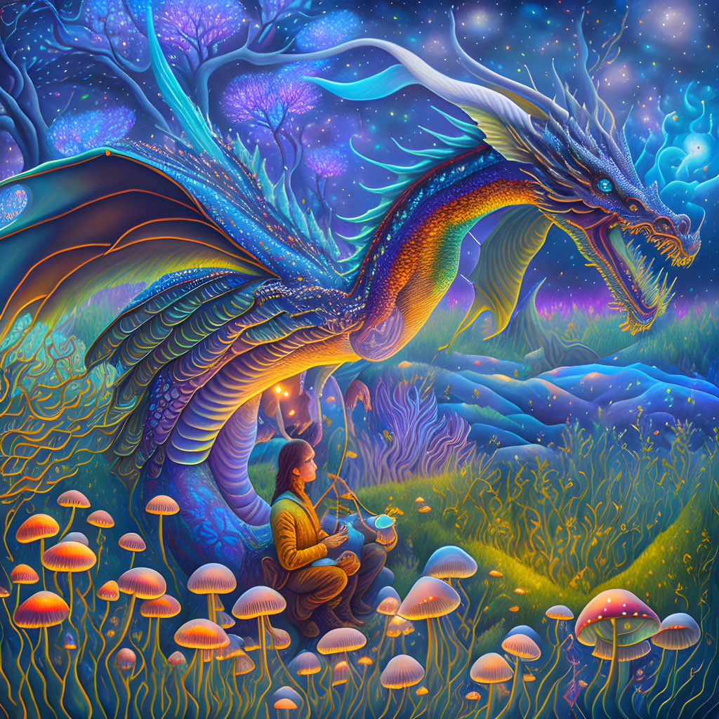 Fantasy scene: person plays music for majestic dragon in luminous mushroom landscape