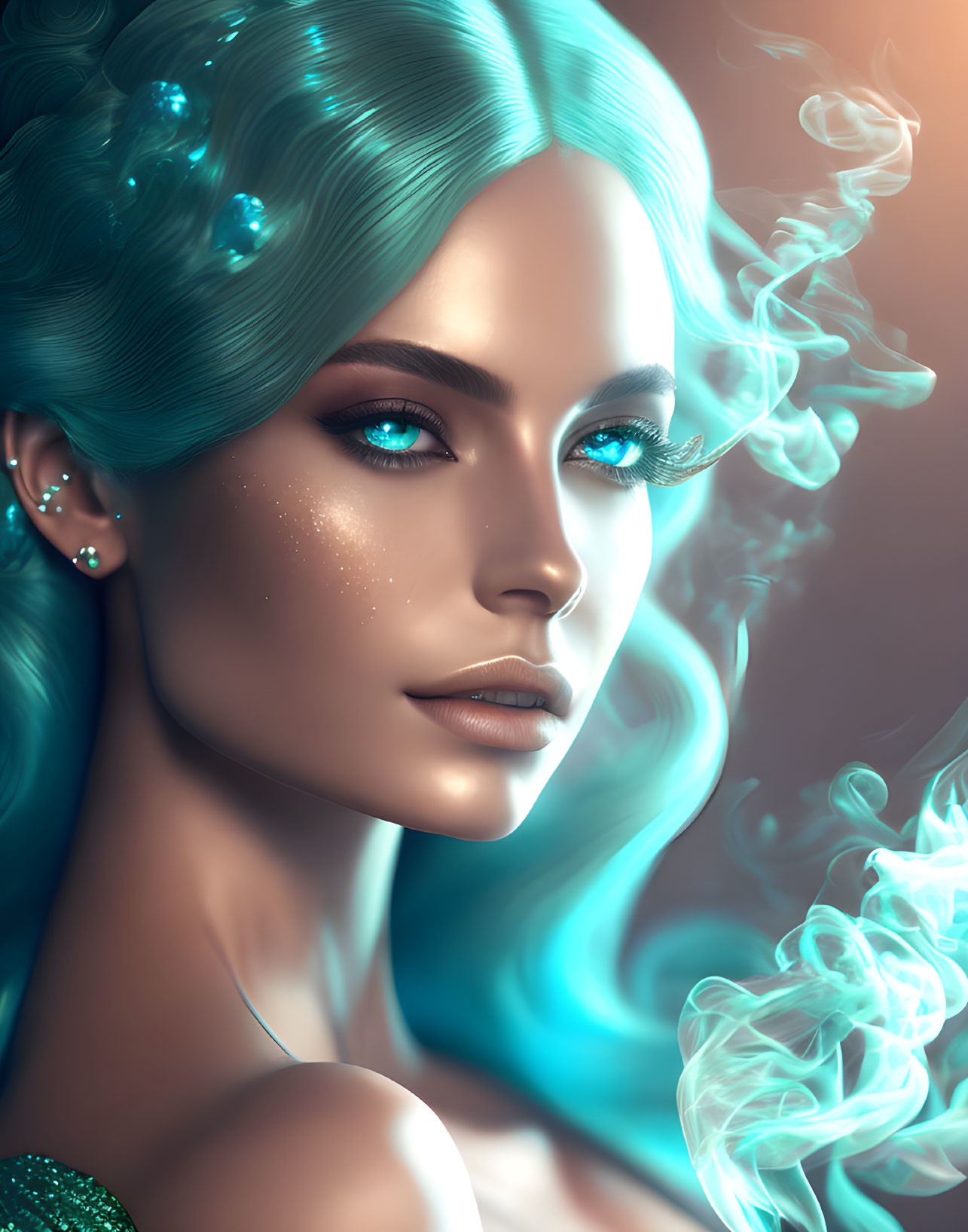 Vibrant turquoise hair and ethereal smoke digital artwork