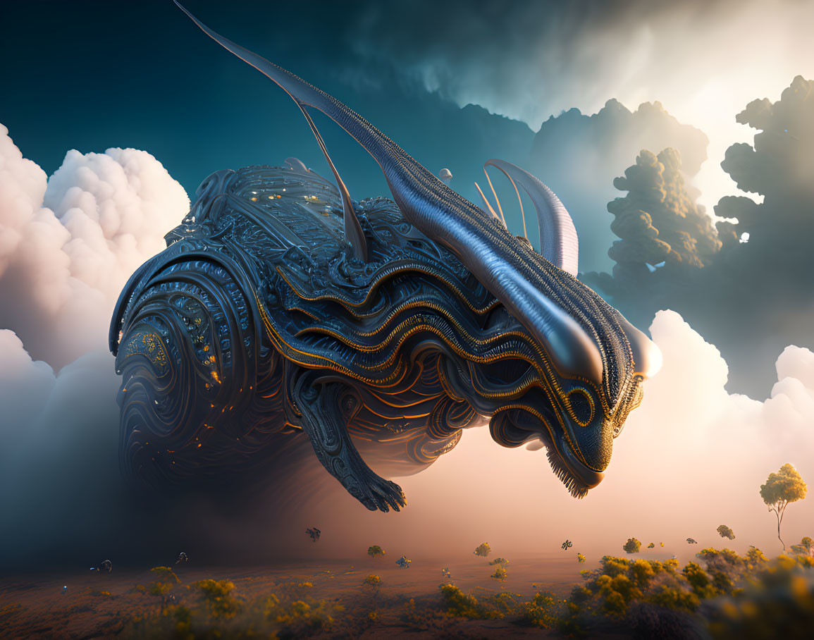 Metallic dragon-like creature soaring over desert at sunset