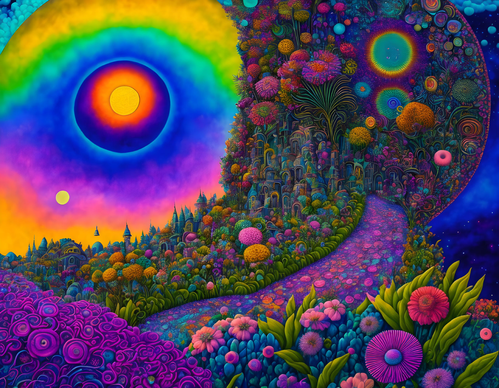 Colorful Psychedelic Art: Winding Path Through Fantastical Landscape