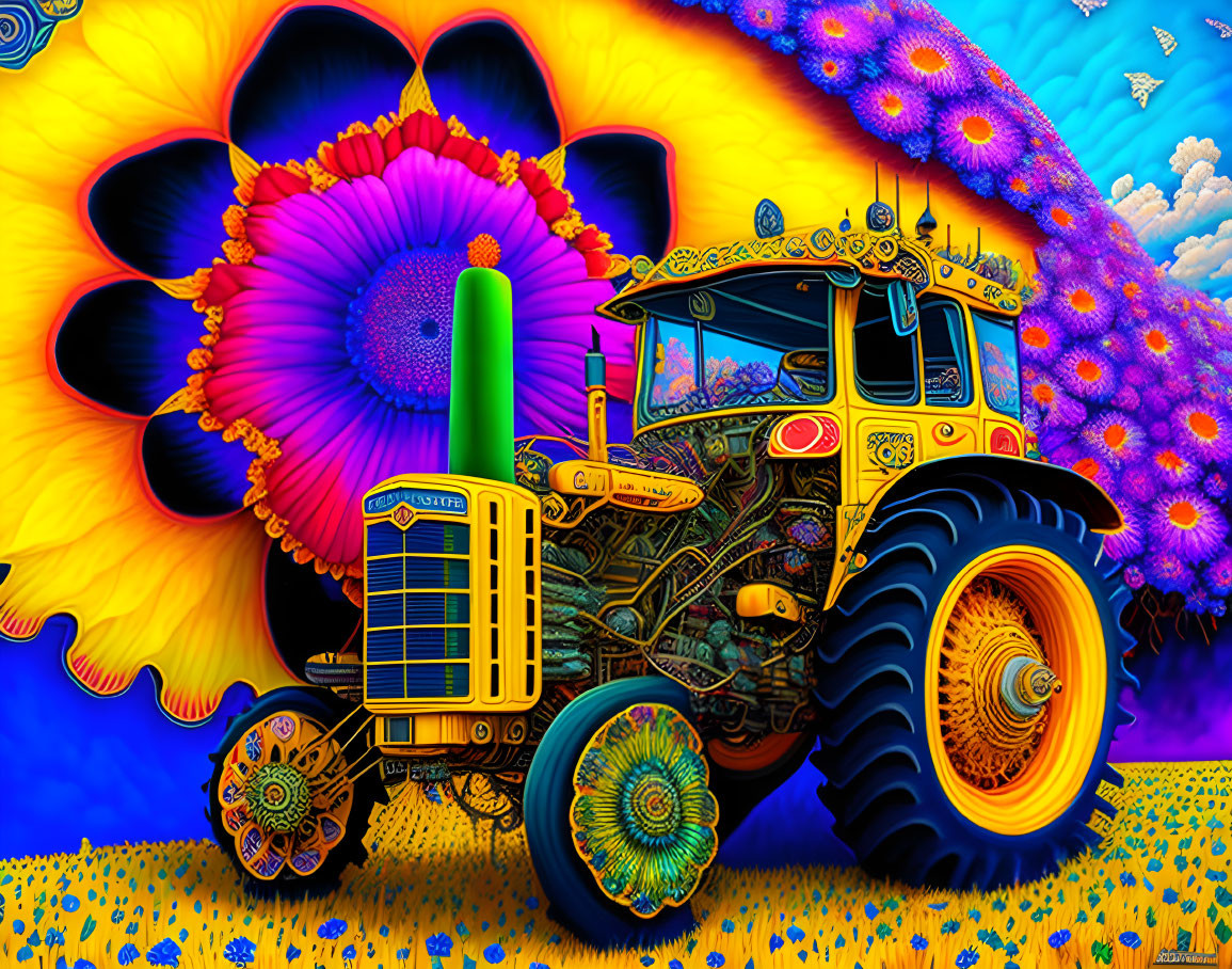 Colorful psychedelic tractor in vibrant floral landscape