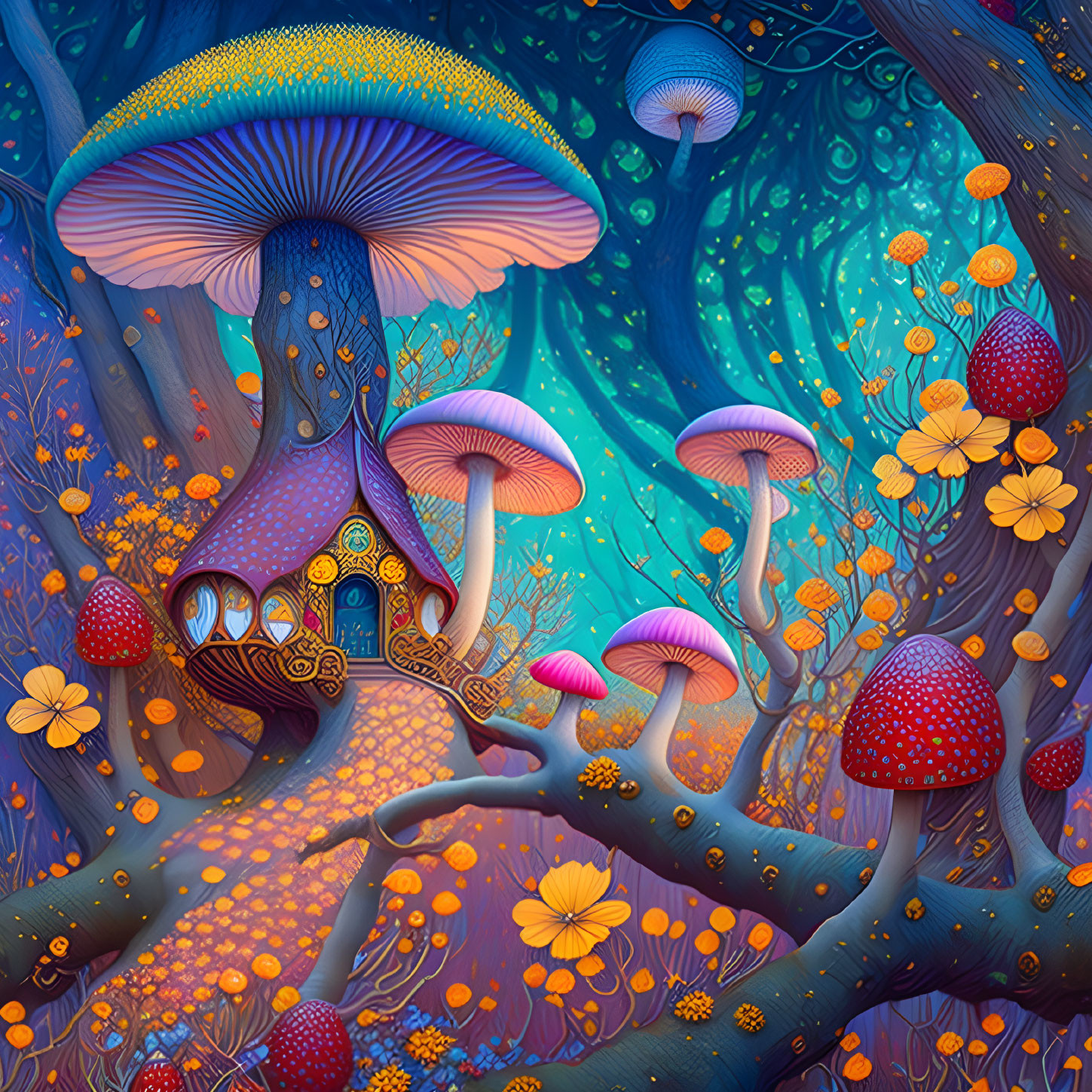 Colorful Mushroom and Plant-Filled Forest Illustration