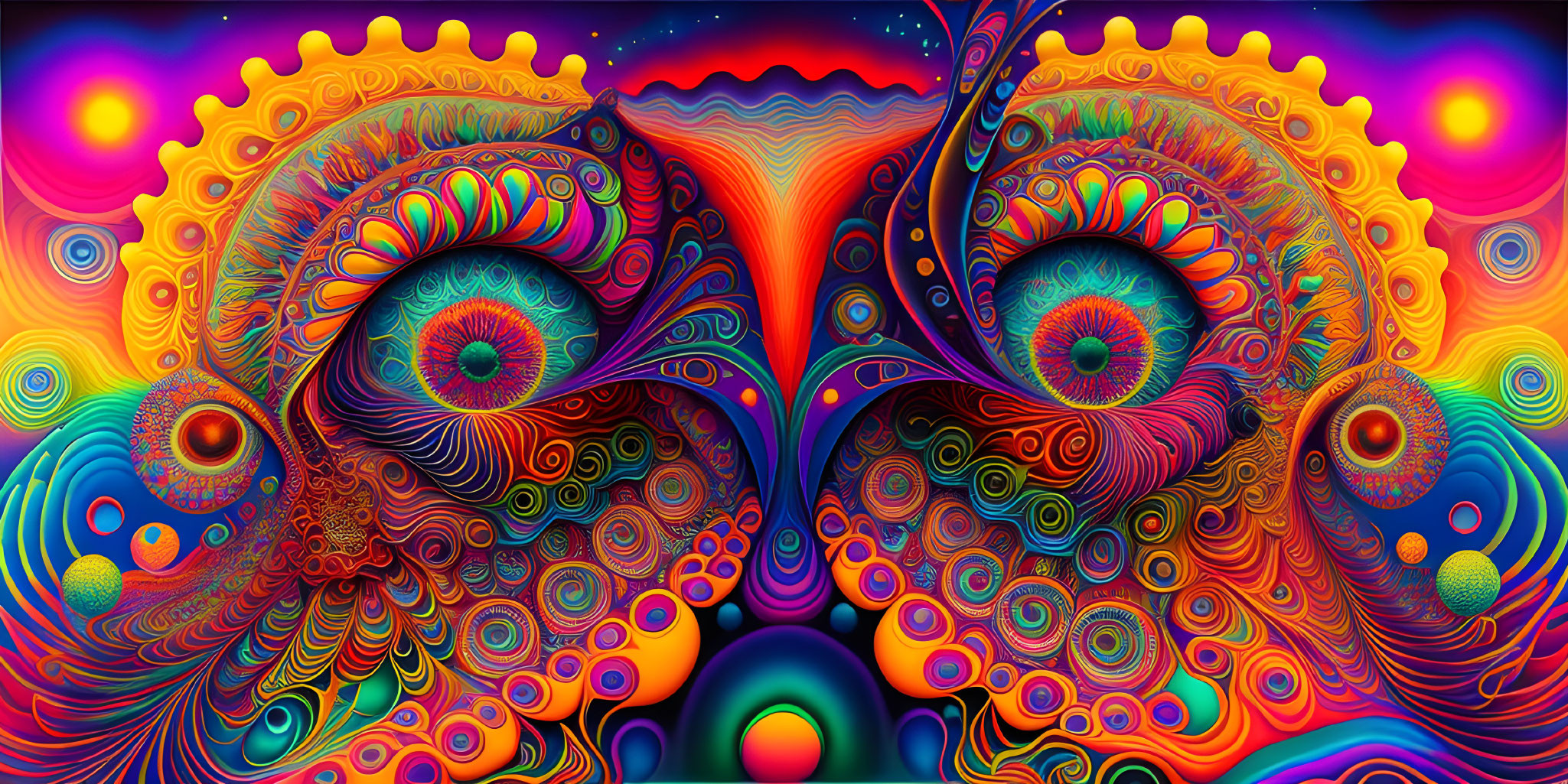 Colorful Psychedelic Artwork with Intricate Patterns and Central Eyes