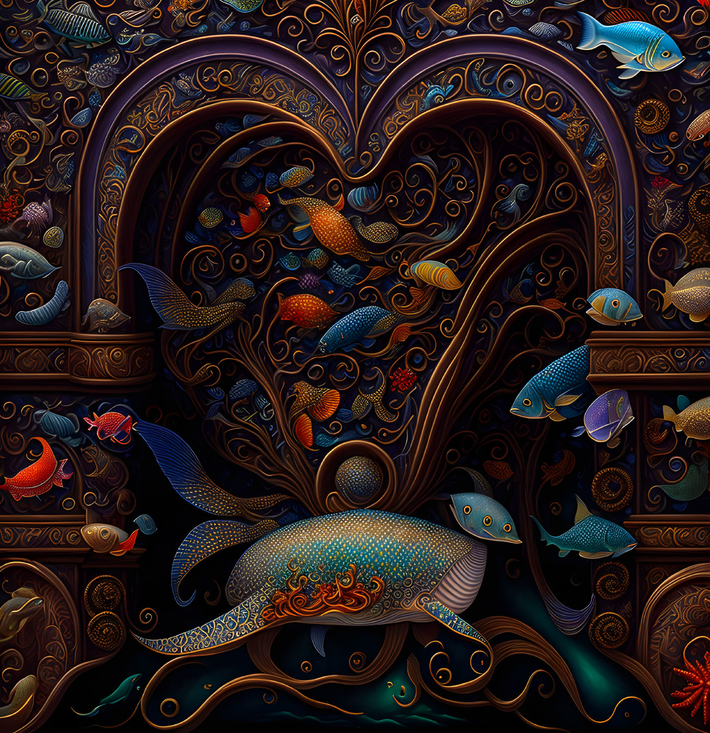 Colorful Fish Swimming in Heart Shape Amidst Ornate Patterns