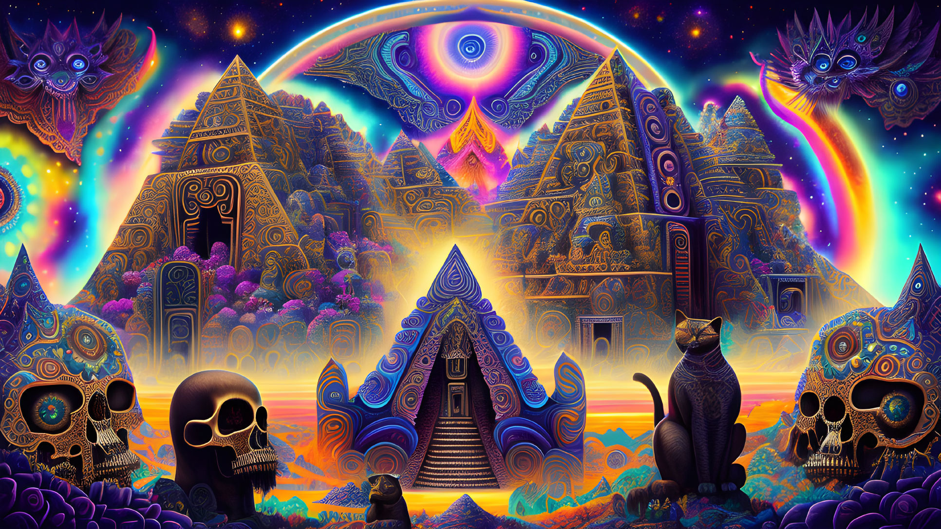 Colorful Psychedelic Artwork with Mayan Pyramids, Skulls, Cat, and Cele