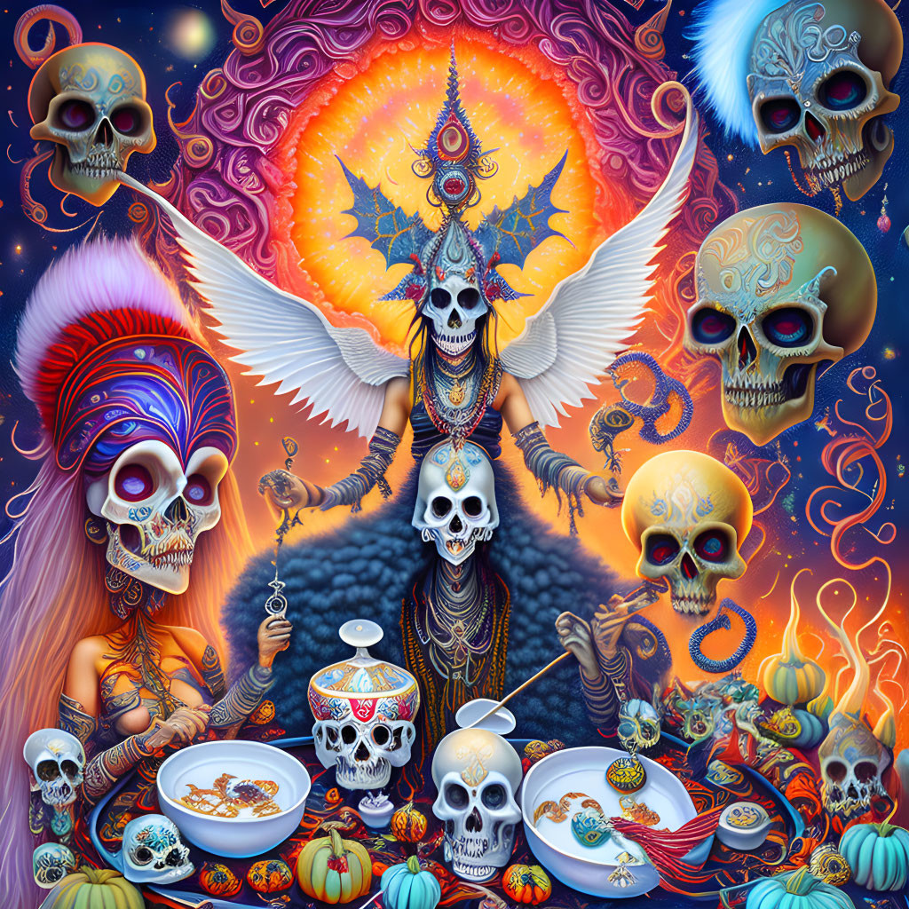 Colorful Skull-Faced Figures with Headdresses and Wings in Psychedelic Illustration