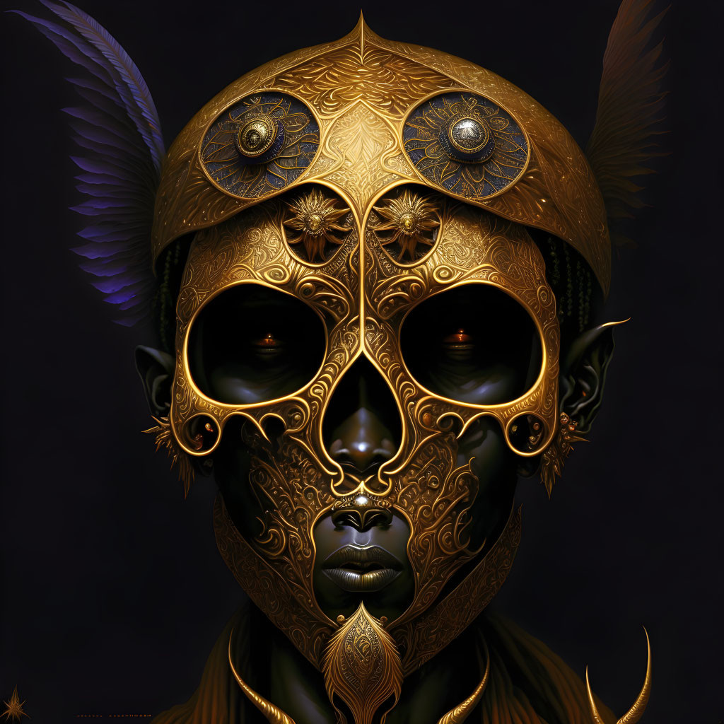 Golden mask with intricate designs and dark eye sockets on black background