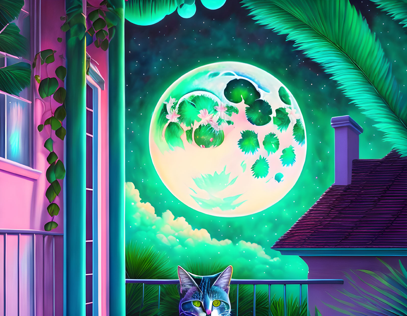 Colorful digital artwork: Cat on balcony under detailed moon