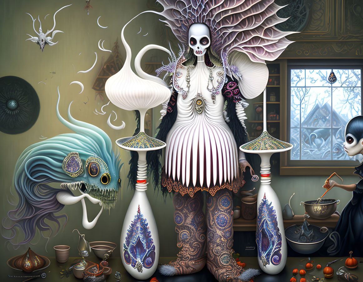 Skull-faced figure in ornate attire with fantastical creatures and child mixing potion