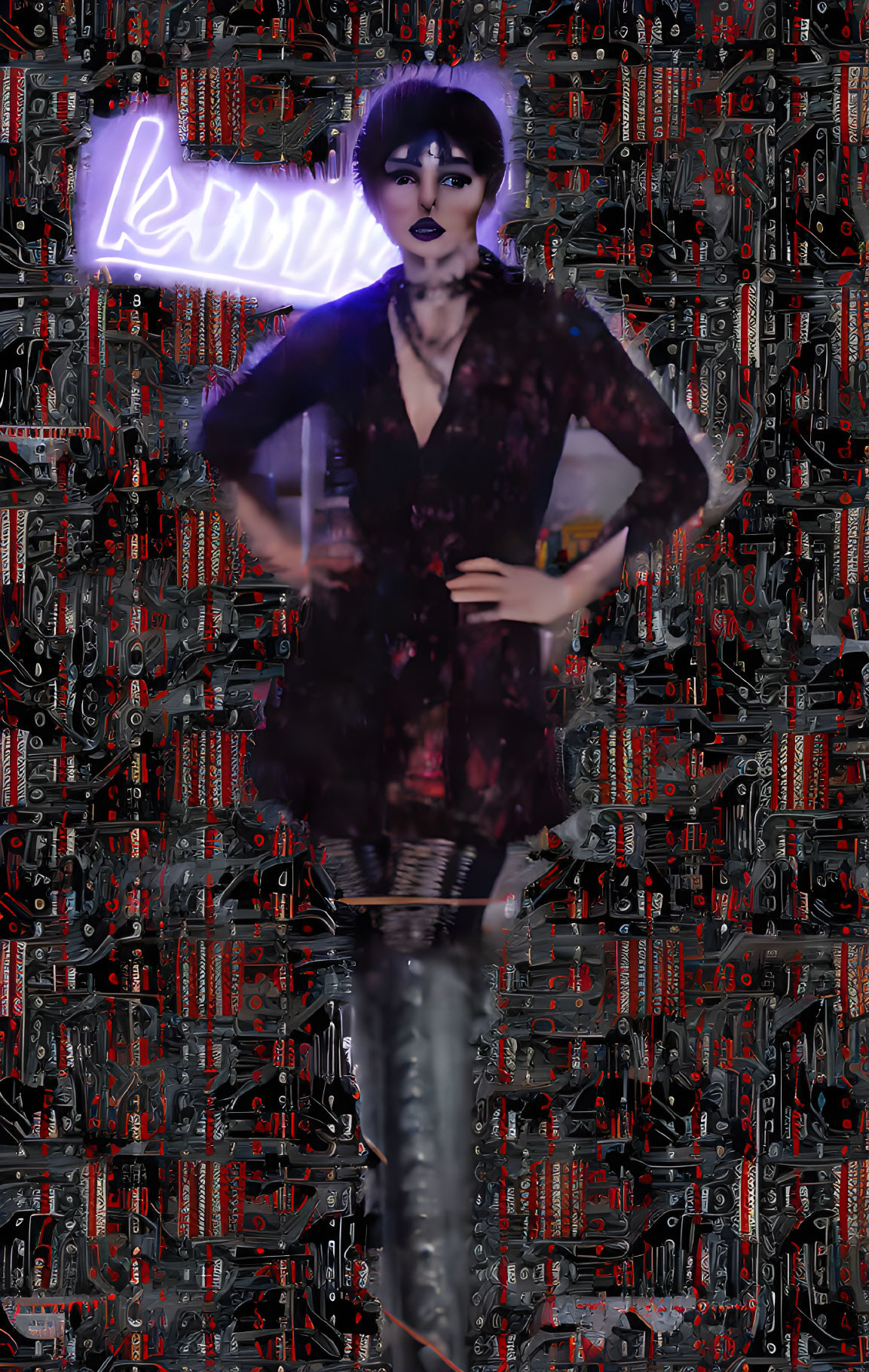 Stylized image of woman in black clothing under neon sign with red and black backdrop