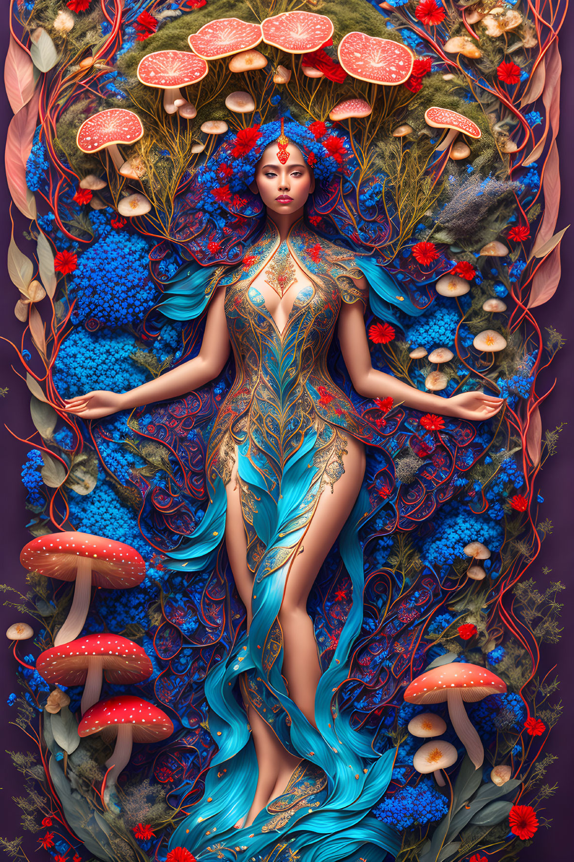 Detailed Illustration: Woman in Regal Pose Surrounded by Mushrooms, Plants, and Oceanic