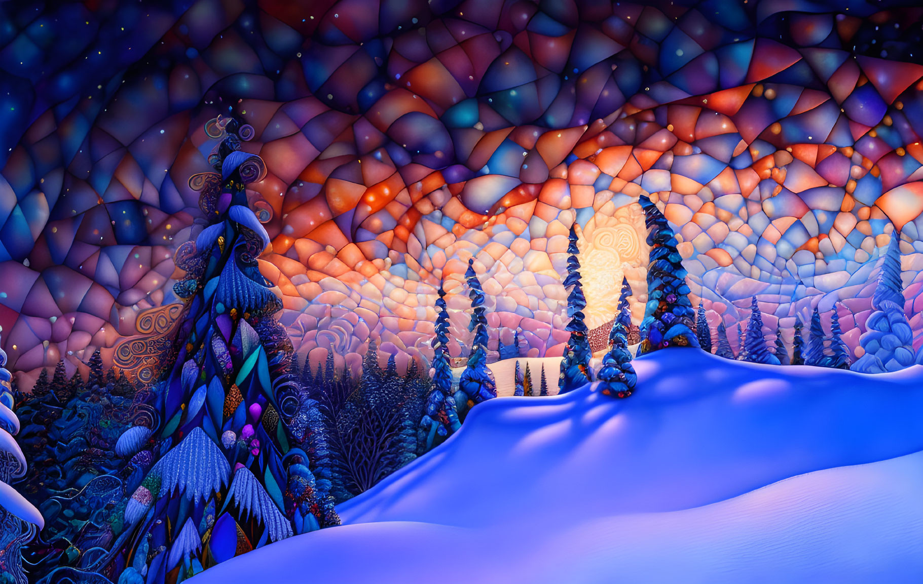 Surreal landscape with stylized trees, sunset, and snow-covered ground