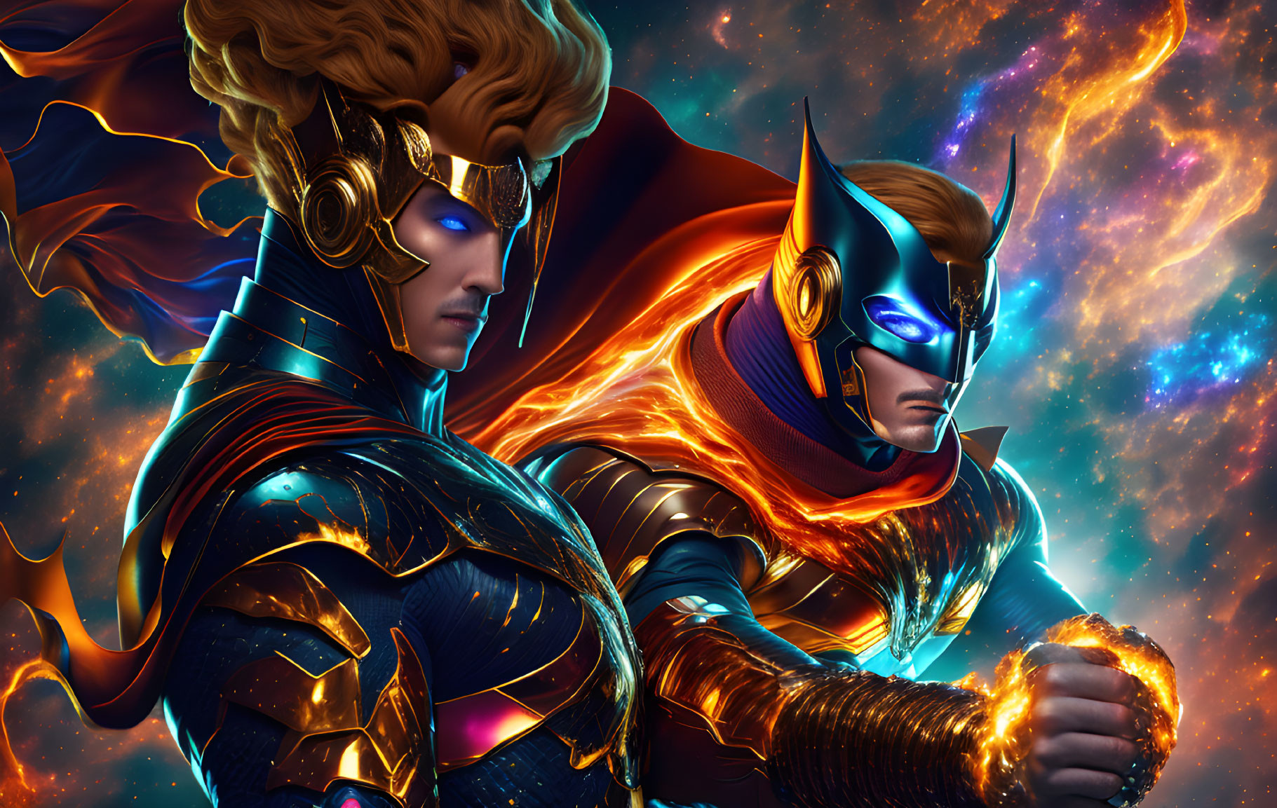 Futuristic warriors in ornate armor against cosmic backdrop