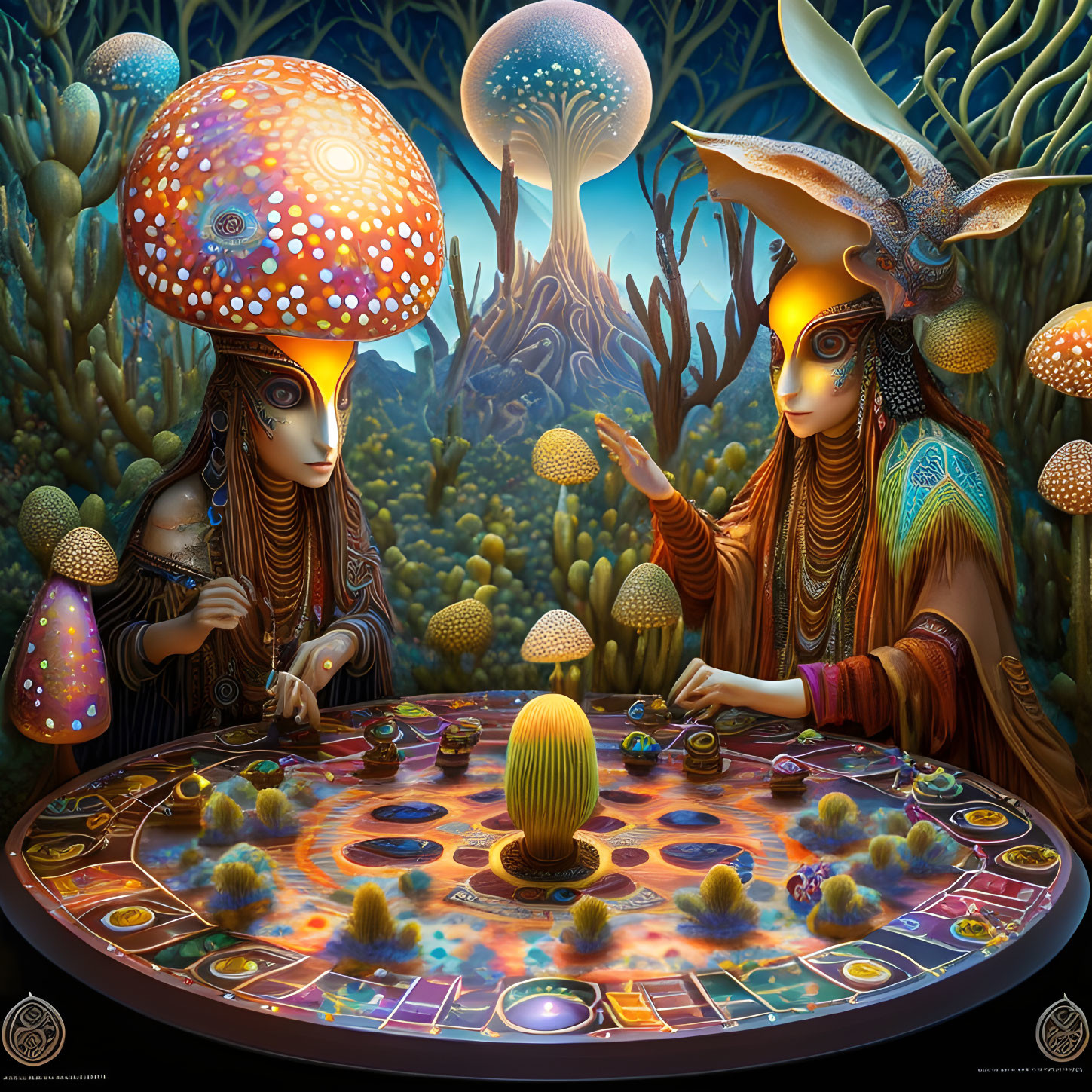 Mystical figures playing board game in vibrant forest