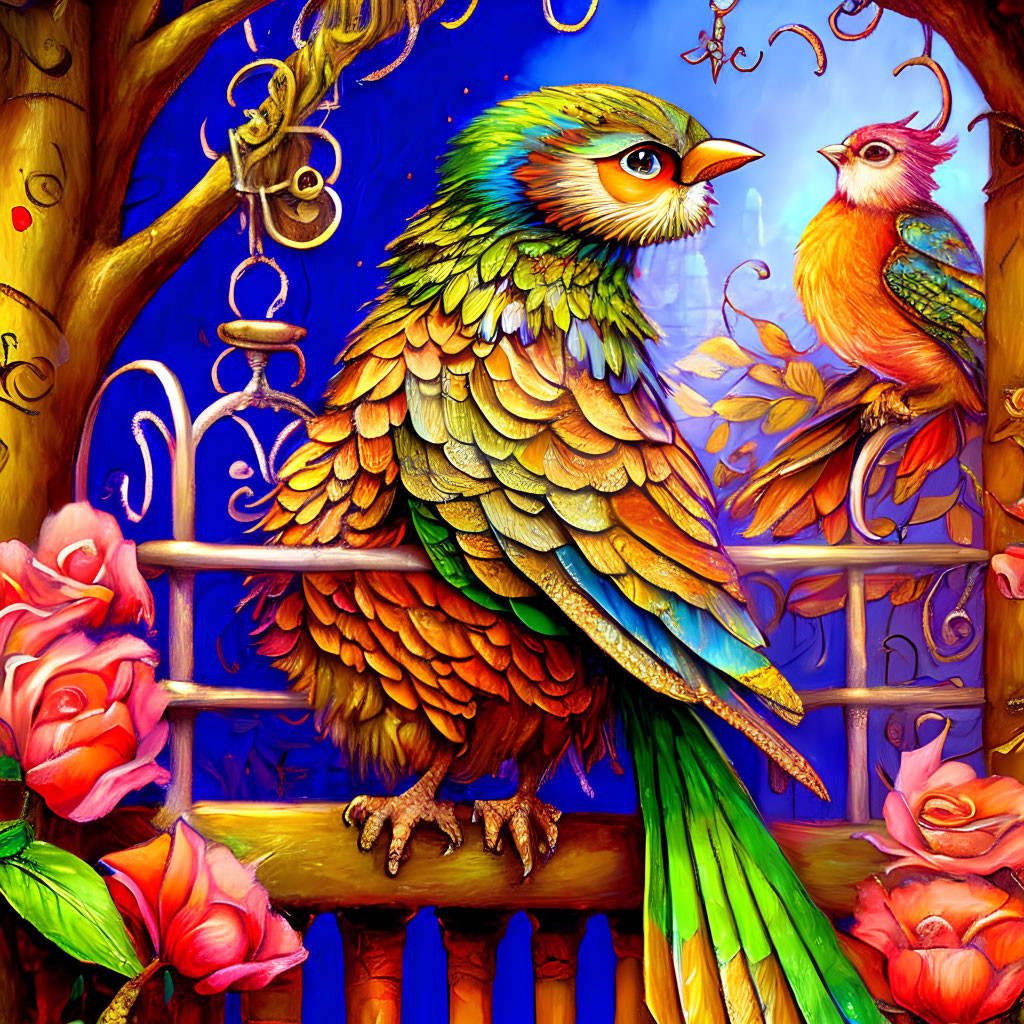 Colorful Fantastical Birds Perched on Balcony with Roses in Magical Setting