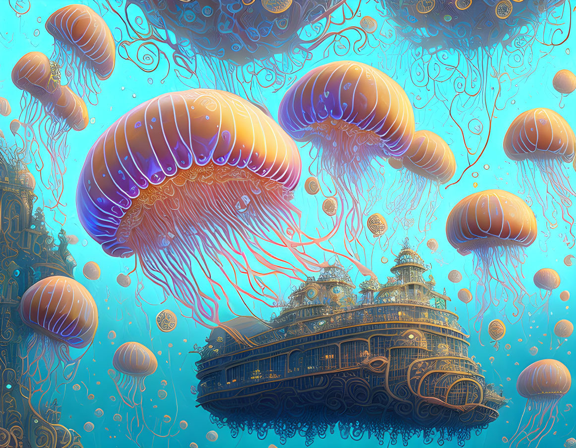 Colorful Jellyfish Surround Submerged Palace in Surreal Underwater Scene