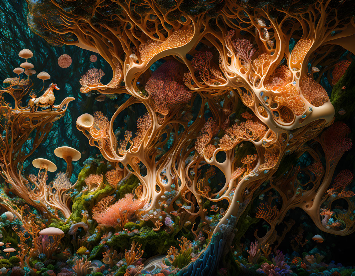 Colorful digital artwork of intricate underwater scene with coral-like trees and organic marine shapes