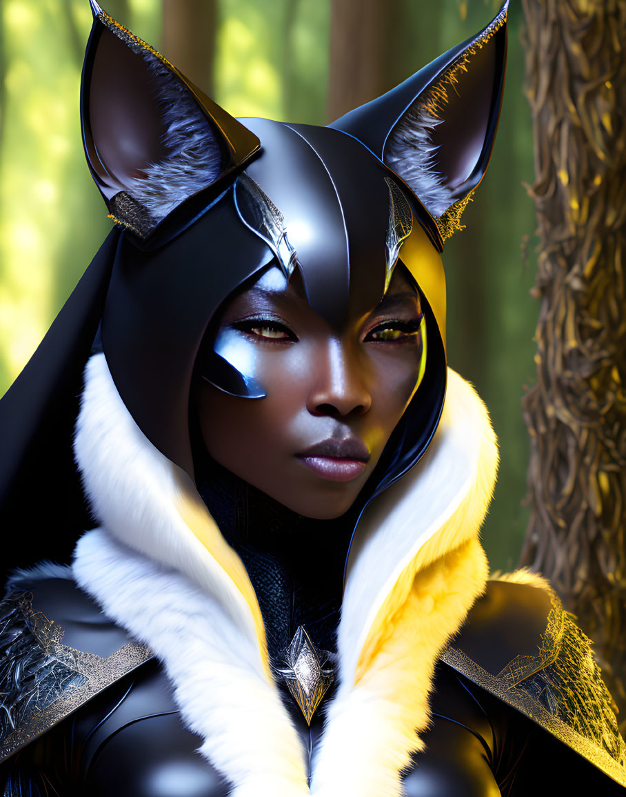 Cosplayer in Black and Gold Feline Mask with Dramatic Makeup