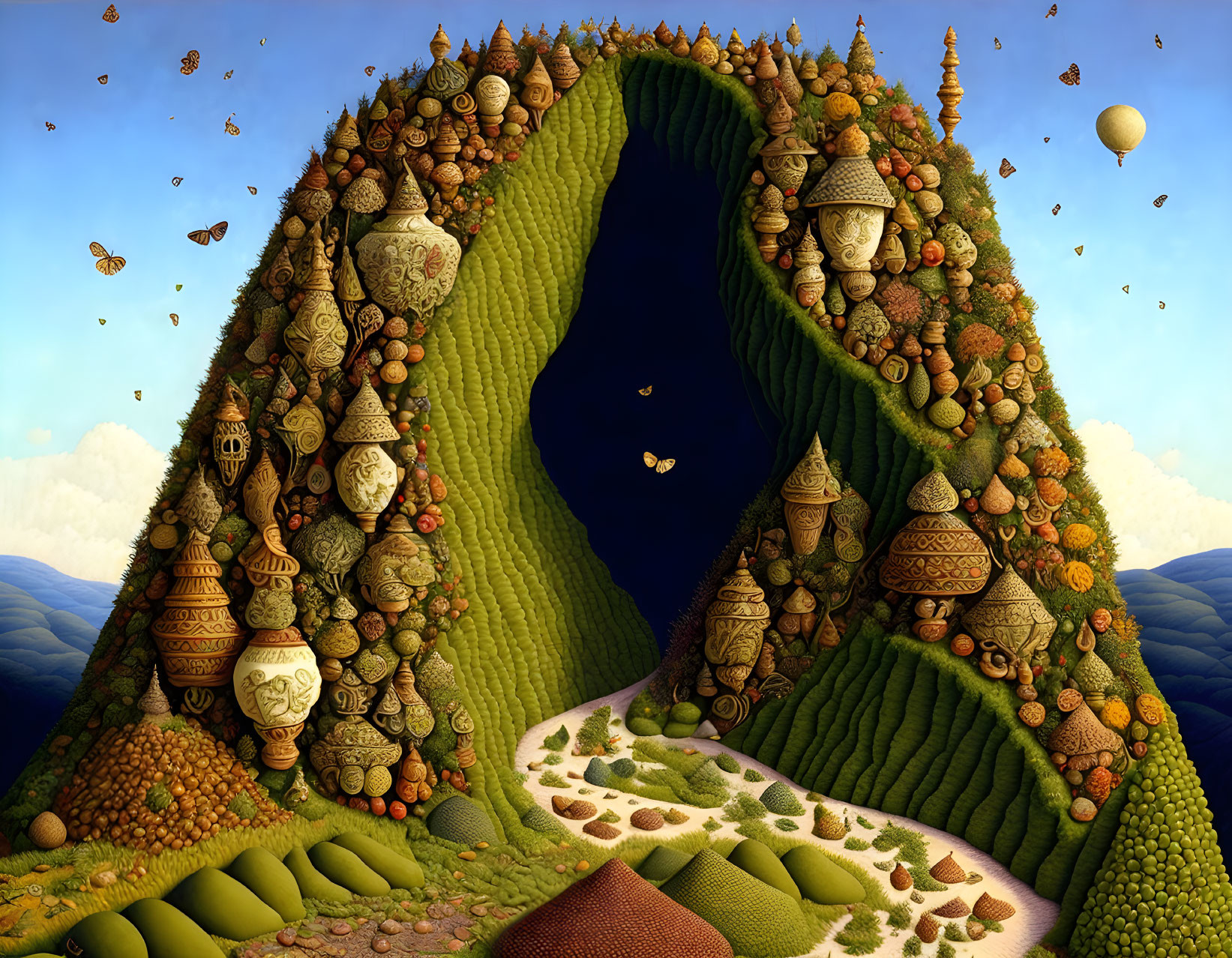 Whimsical landscape with lush hills, trees, houses, balloons, and butterflies