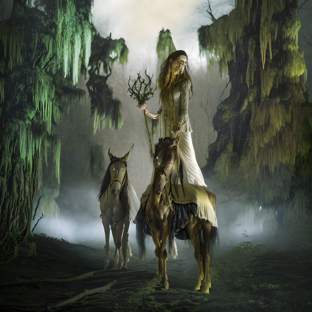 Mystical figure on horse in foggy forest with staff