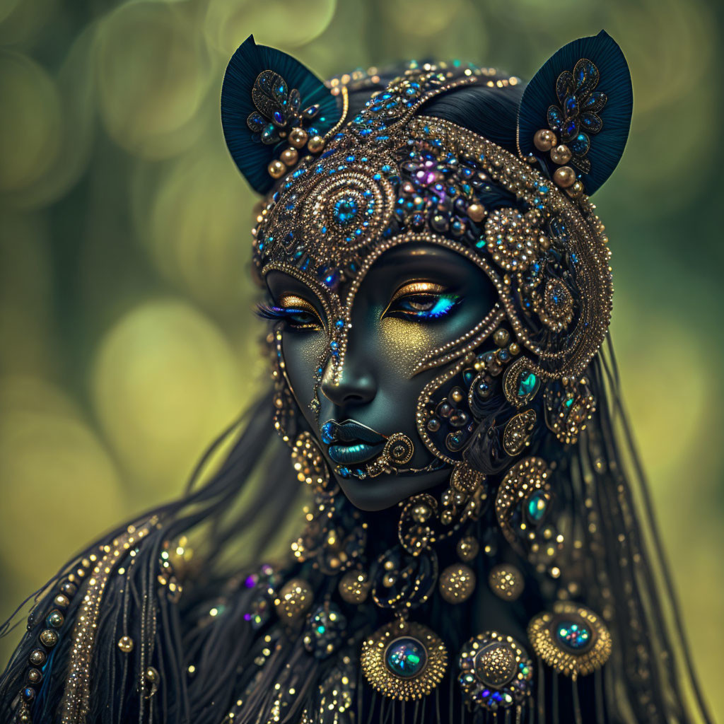 Intricate cat-like bejeweled mask on blurred green backdrop