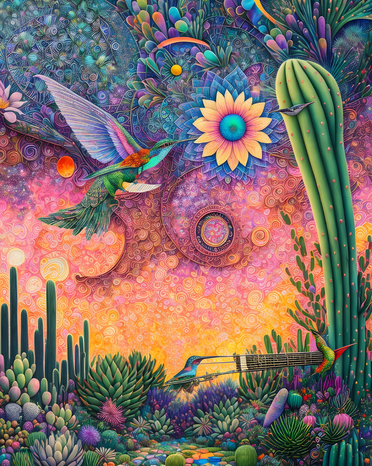 Colorful hummingbird in desert landscape with cacti and patterns