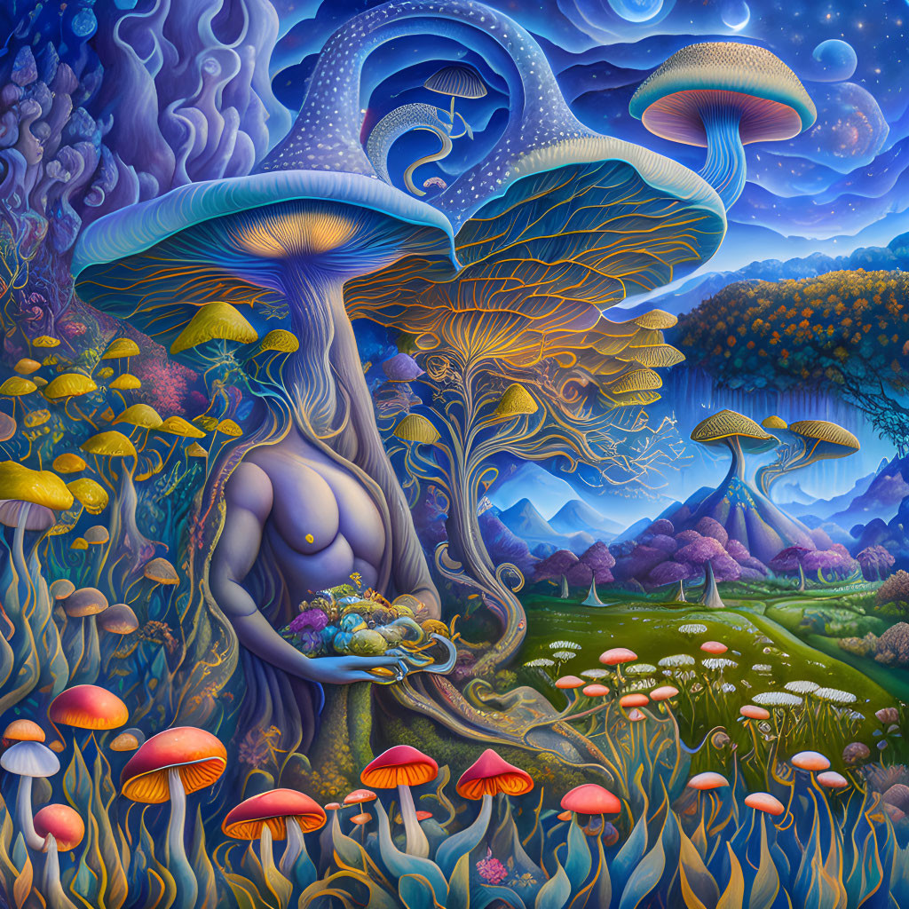 Surreal landscape with oversized mushrooms and mushroom figure in forest