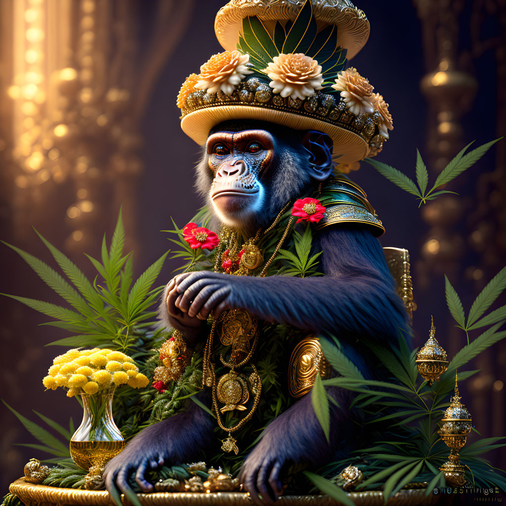 Regal monkey with golden crown and jewelry among cannabis leaves on dark backdrop.