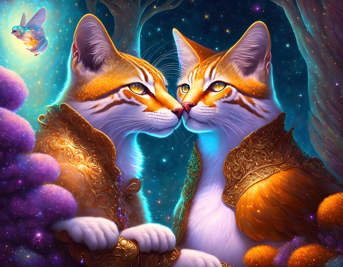 Stylized regal cats in golden armor under swirling starry sky