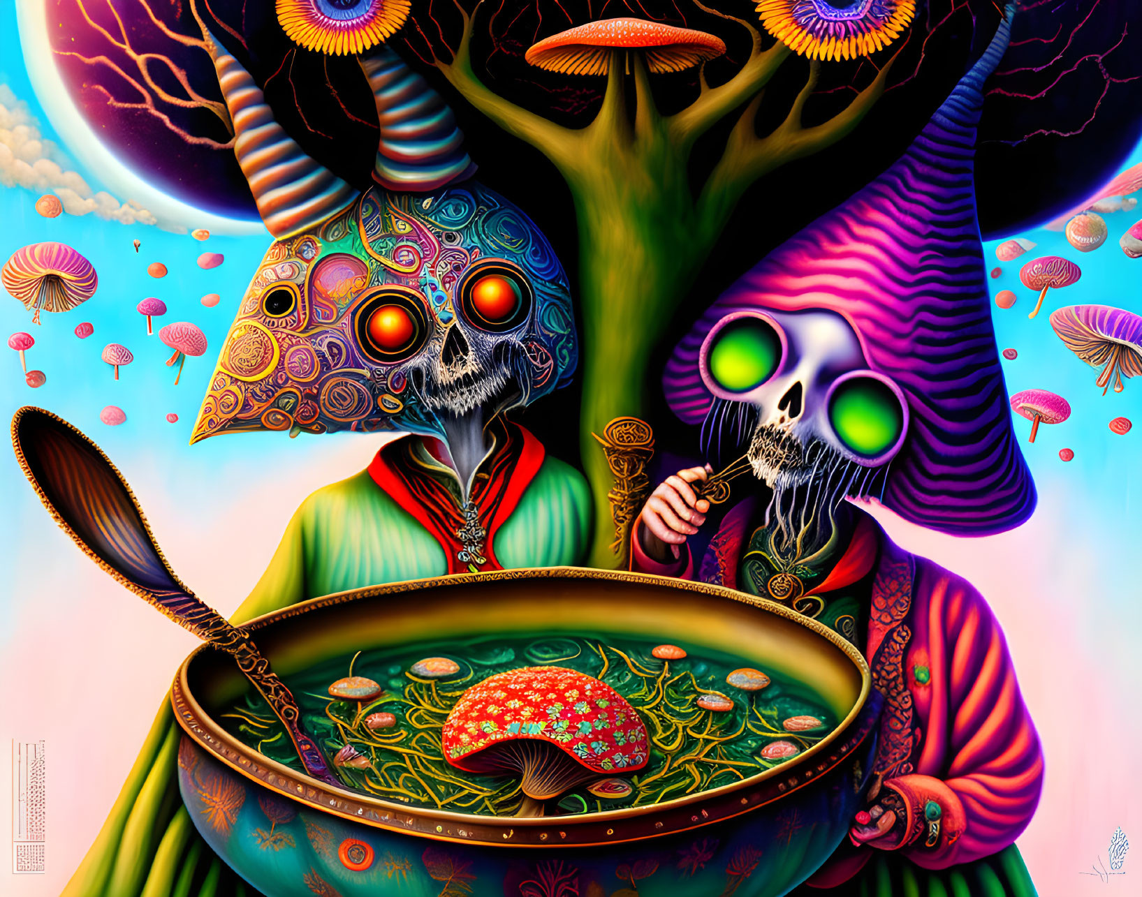 Colorful Psychedelic Illustration: Skeletons Cooking Mushroom Under Fantasy Tree