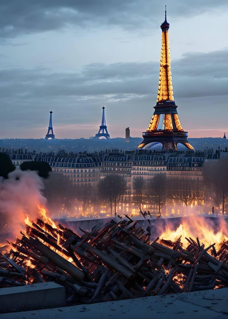 Paris Twilight Scene: Eiffel Tower Illuminated with Bonfire in Foreground