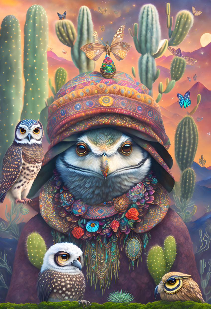 Vibrant owl-themed desert illustration with cacti and butterflies.