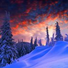 Surreal landscape with stylized trees, sunset, and snow-covered ground